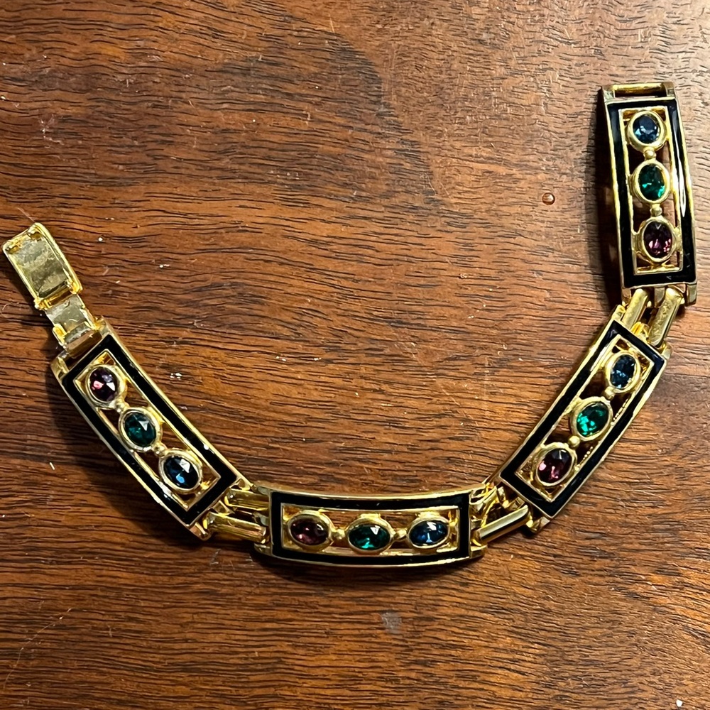 Bijoux Cascio Vintage Signed Gold Plated Enamel Multi Color Cabochon Bracelet